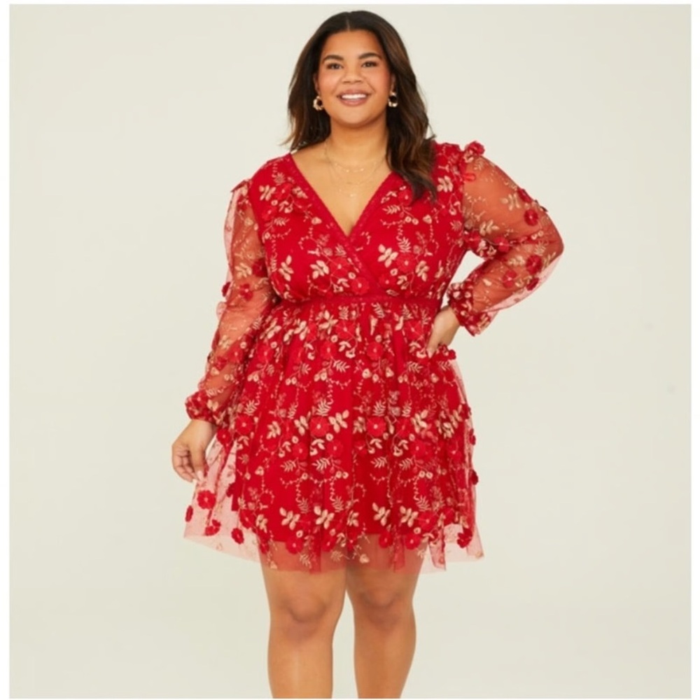 ARULA New Caledonia Elegant Red Floral Long Sleeve Dress Size 18/20